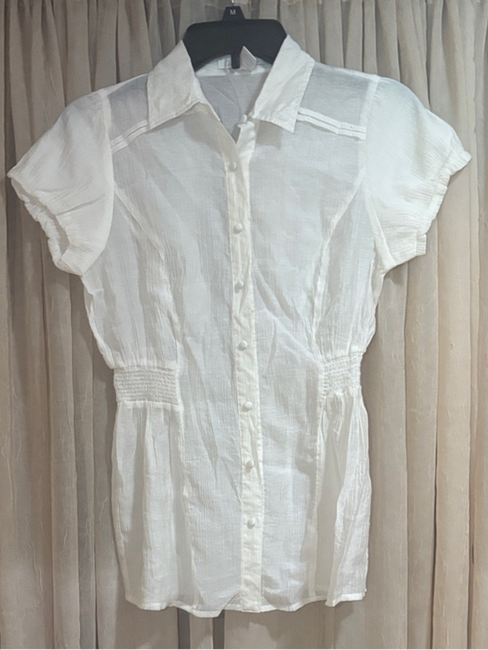 Charlotte Russe White Short-Sleeve Button Front Blouse with Smocked Sides